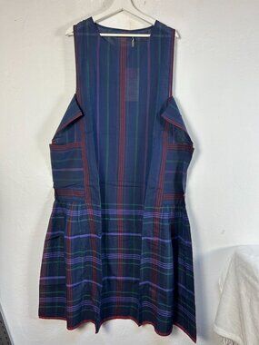 Gudrun Sjod Sleeveless Plaid Midi Kate Dress Large Navy Organic Cotton New $84